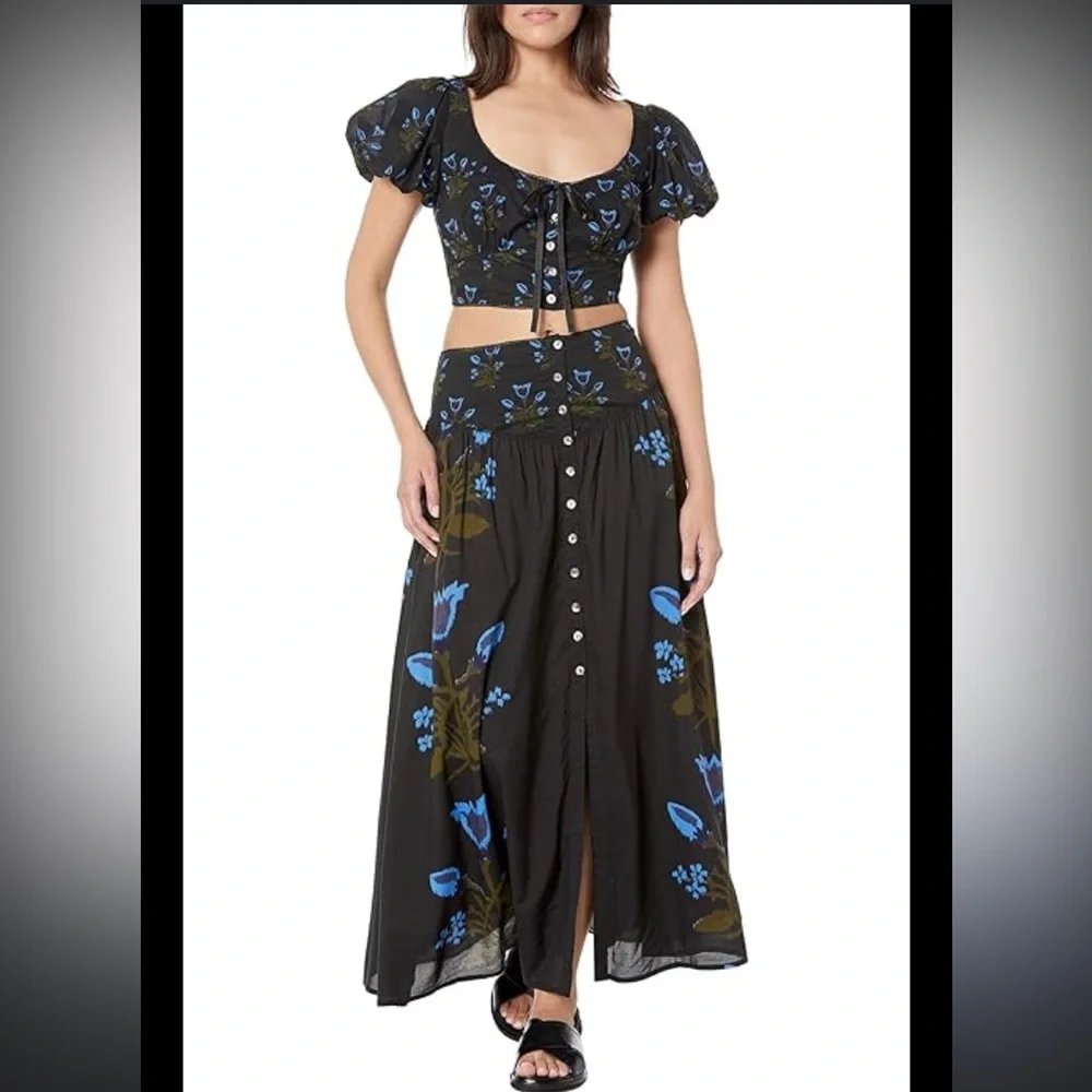 Free People Black Maxi Skirt with Blue & Olive Floral Print
